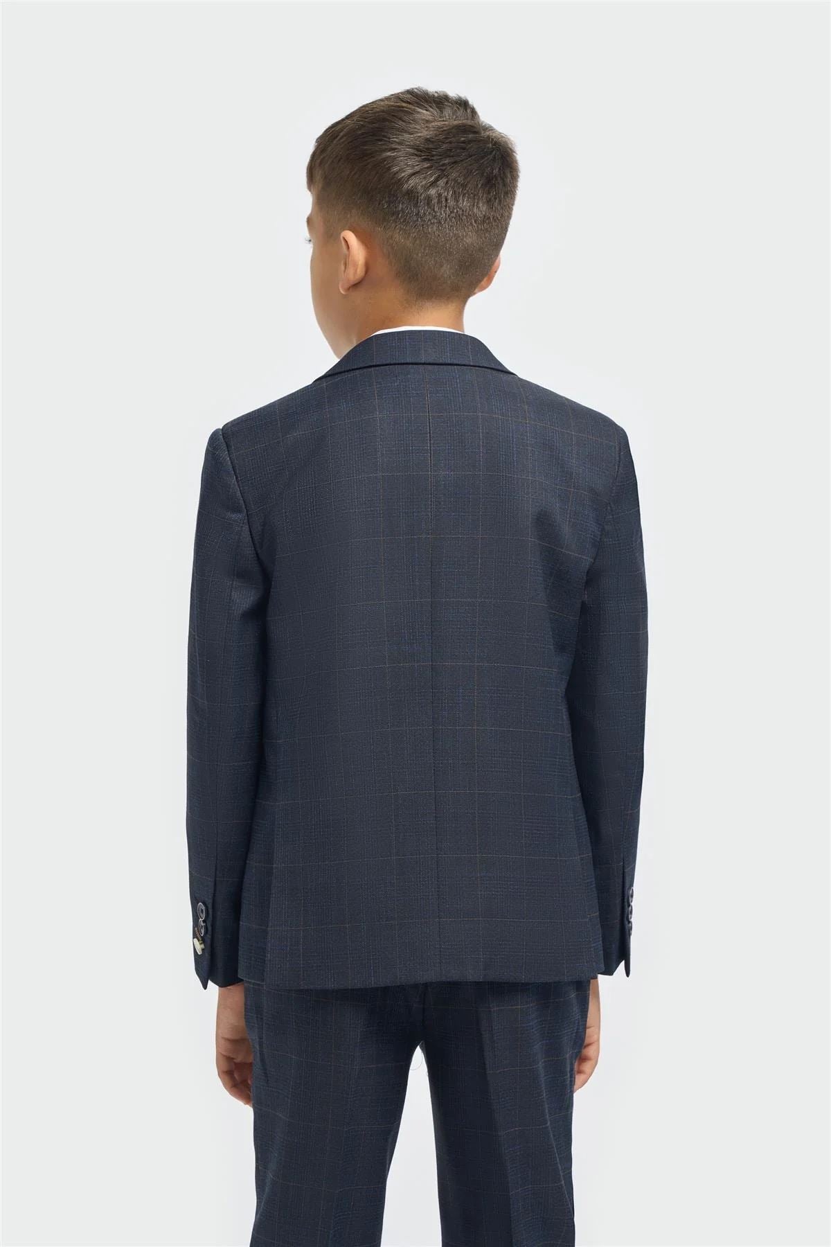 Boys Suit 3 Piece Tailored Fit Navy Check Formal Outfit