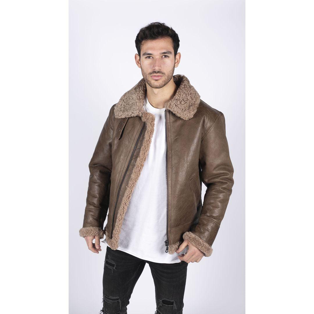 Mens Genuine Sheepskin Leather B3 Flying Aviator Vintage Brown Teddy Sheep Fur - Knighthood Store