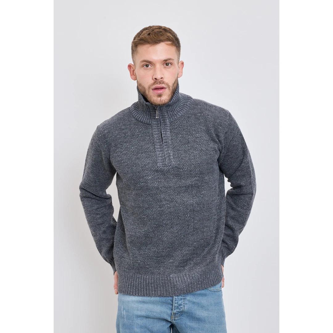Mens Jumper Fleece Fur Lined Pullover Knitted Warm Winter Casual Half Zip - Knighthood Store
