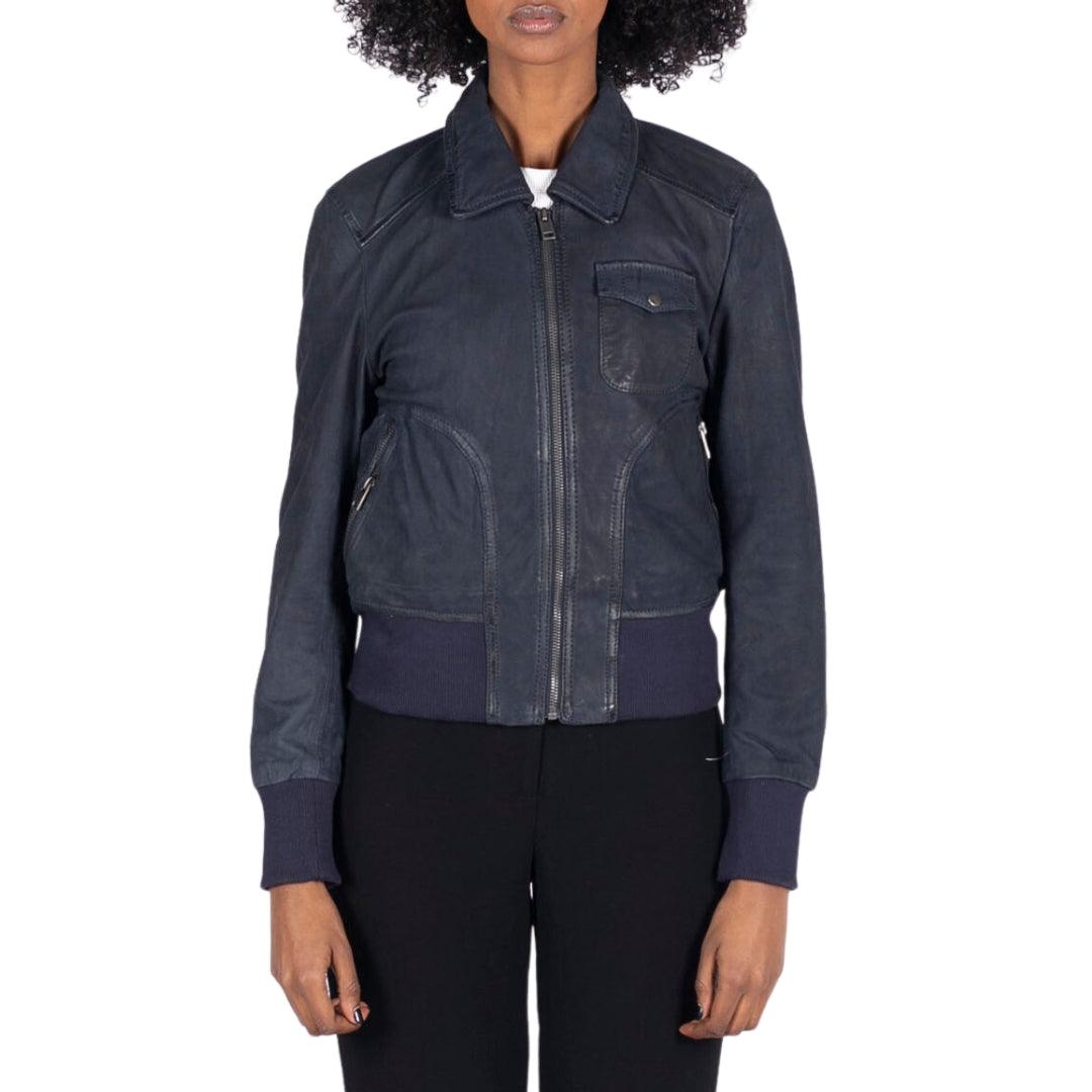 Womens Real Leather Bomber Jacket Short Zipped Retro Brown Tan Black Blue Grey - Knighthood Store