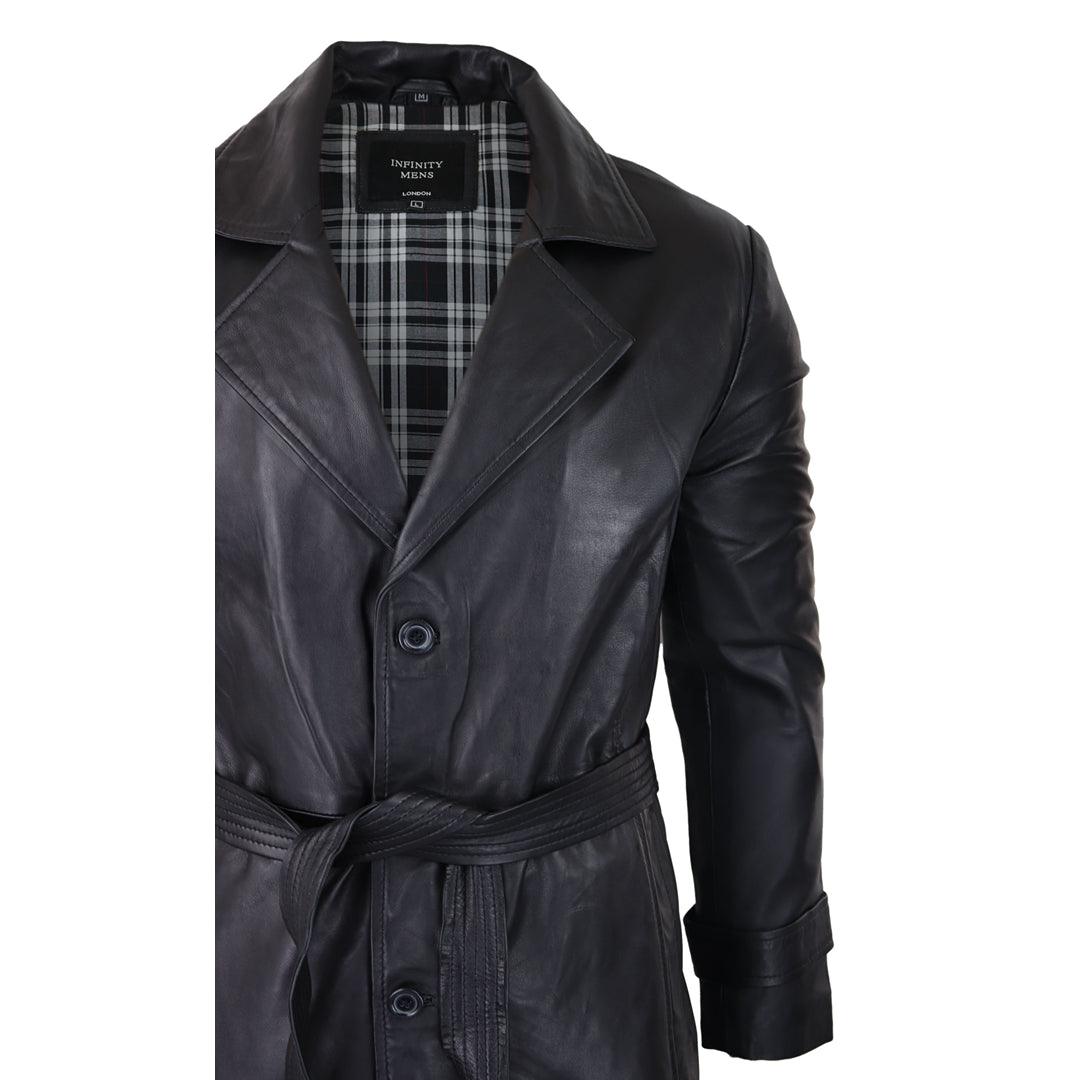 Mens Black 3/4 Mac Long Real Leather Classic Belted Punk Jacket Coat Vintage 80s - Knighthood Store