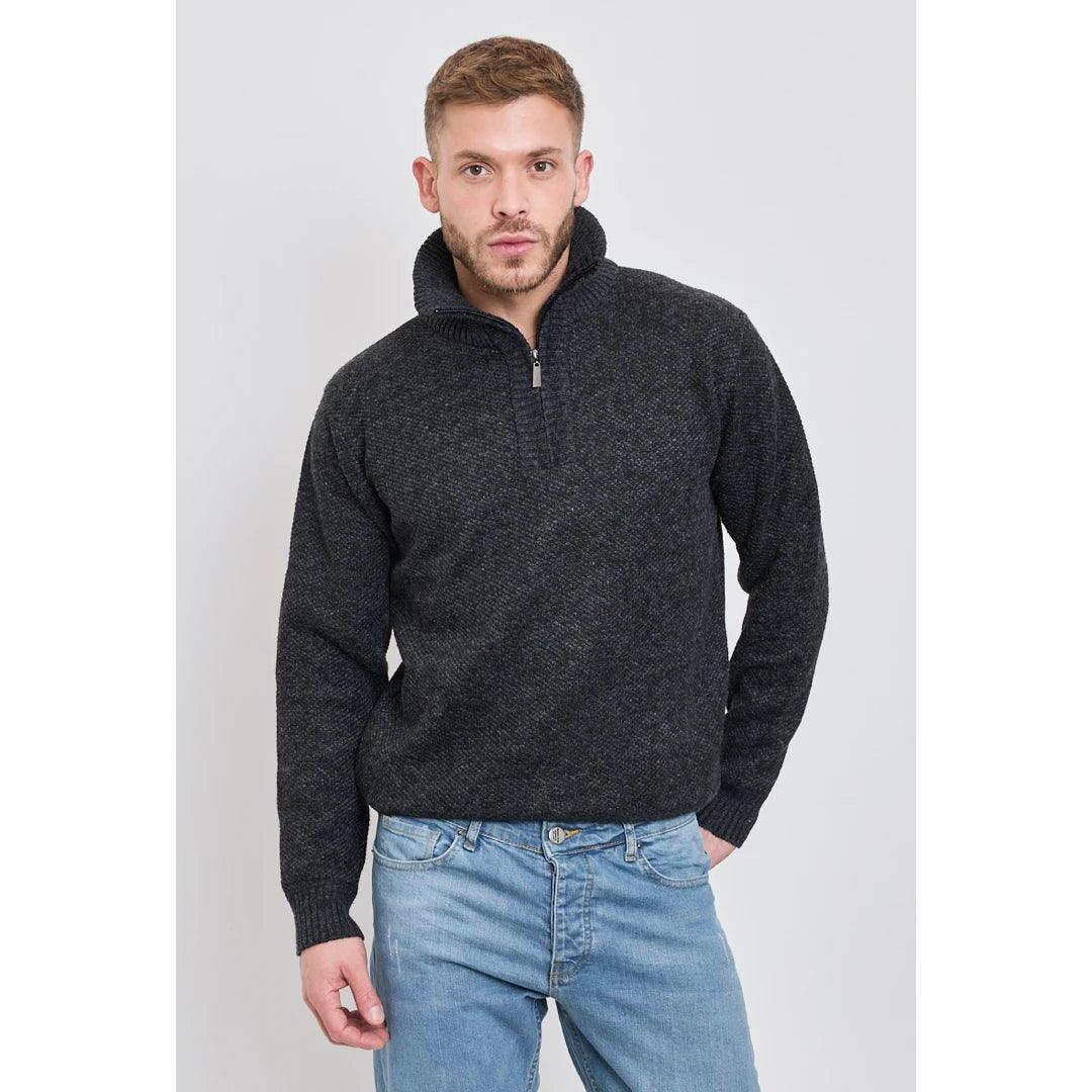 Mens Jumper Fleece Fur Lined Pullover Knitted Warm Winter Casual Half Zip - Knighthood Store