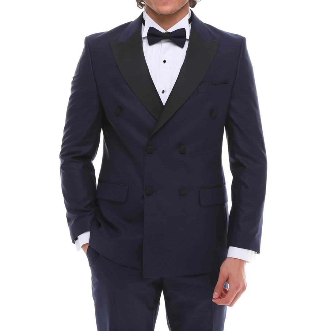 Mens Double Breasted Navy Tuxedo Suit Dinner Jacket Black Noth Lapel Tux Classic - Knighthood Store