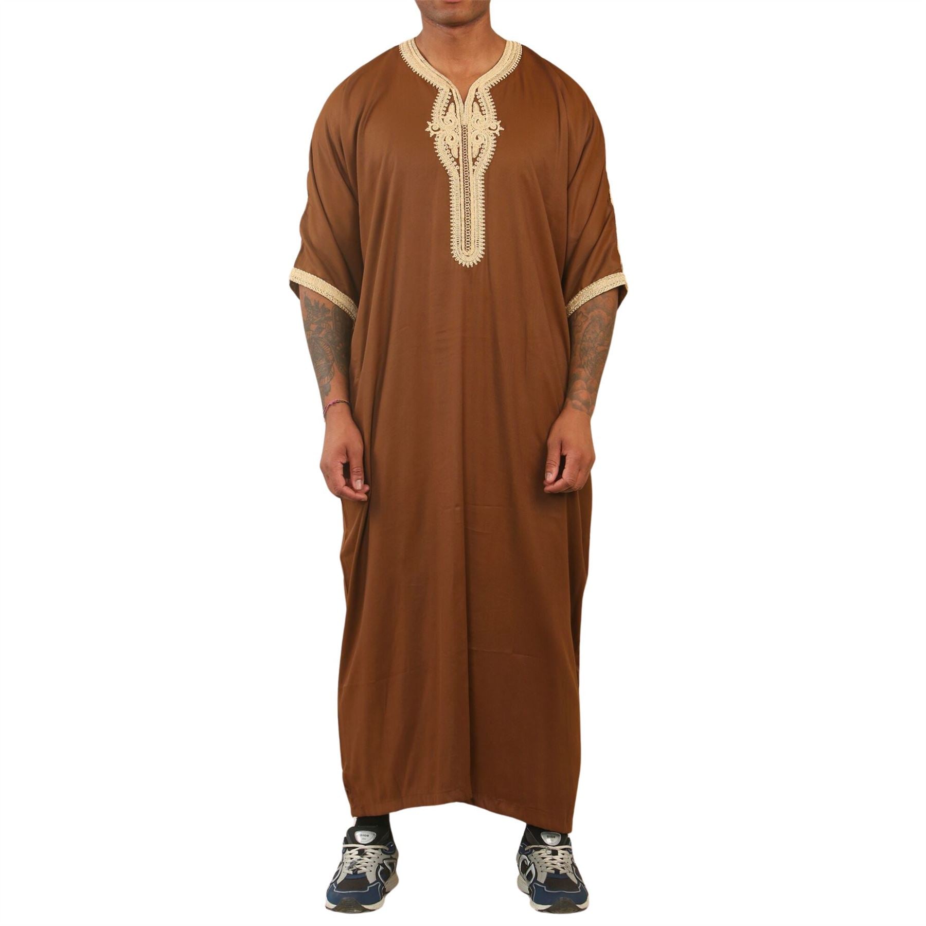 Men's Moroccan Thobe Short Sleeve Gandoura Embroidery Kaftan