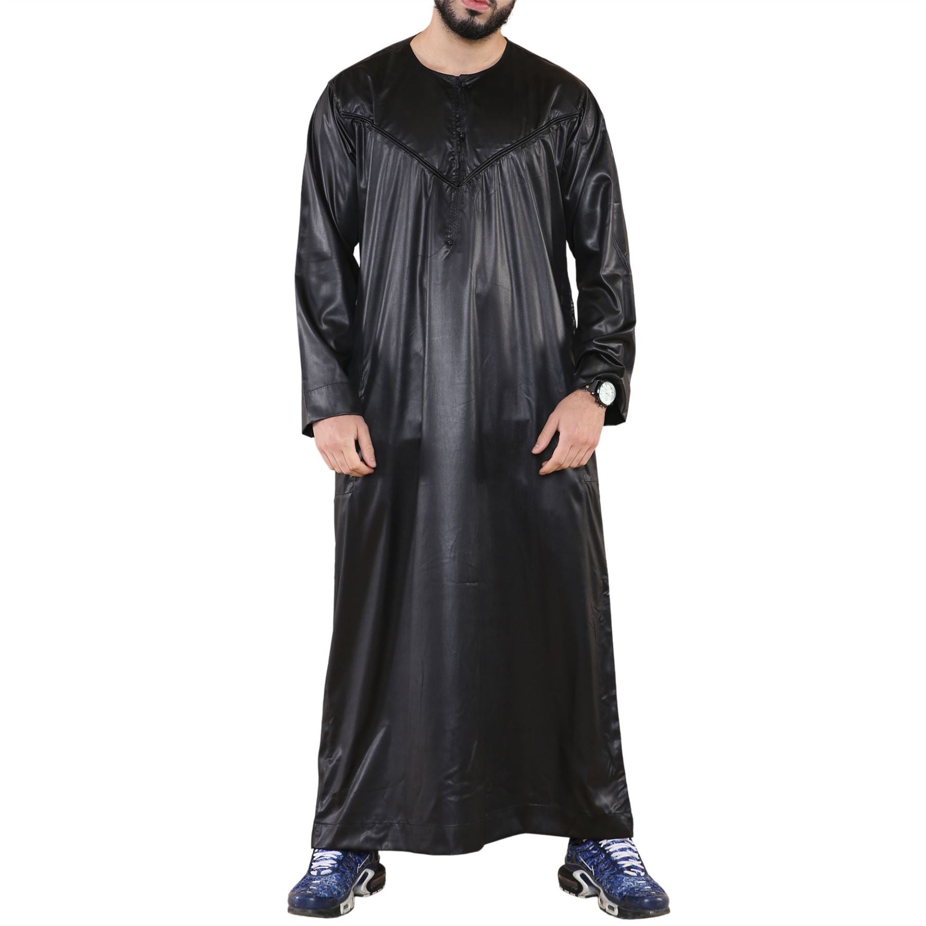 Mens Thobe Jubba Islamic Clothing Muslim Kaftan Emirati Omani Robe Satin Shiny