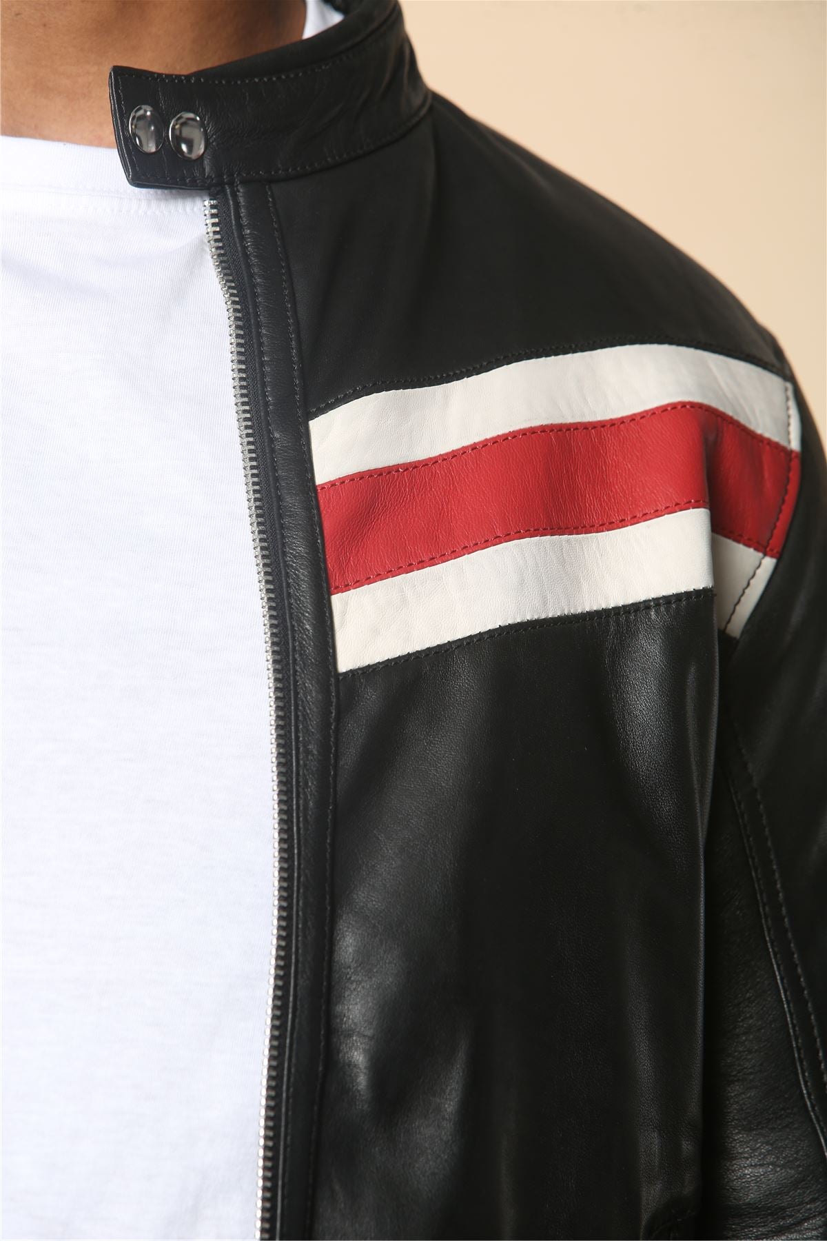 Men's Black Racer Striped Biker Leather Jacket