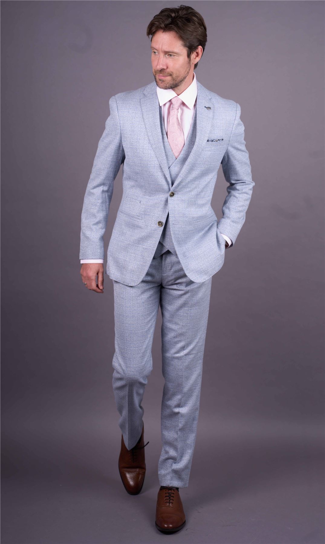 Luis - Men's Light Blue Plaid Check Slim Fit 3 Piece Suit