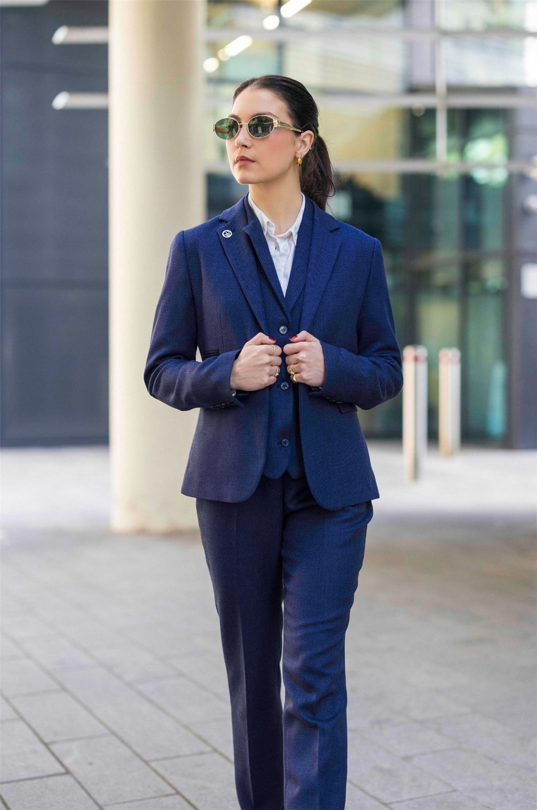 TPW-AK-04 - Women's Navy 3 Piece Herringbone Tweed Suit