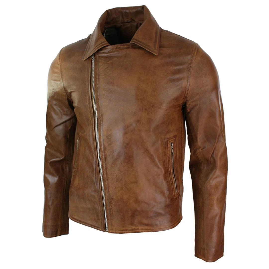Mens Slim Fit Tan Brown Maroon Classic Cross Zip Brando Leather Biker Jacket - Knighthood Store