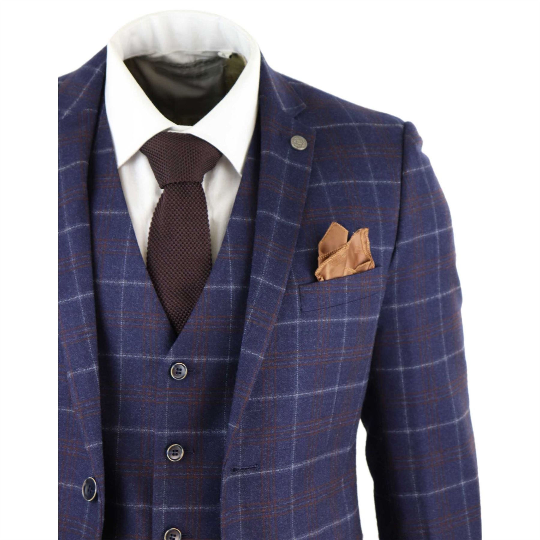 Mens 3 Piece Blue Suit Herringbone Tweed Check Tailored Fit 1920s Wedding Prom
