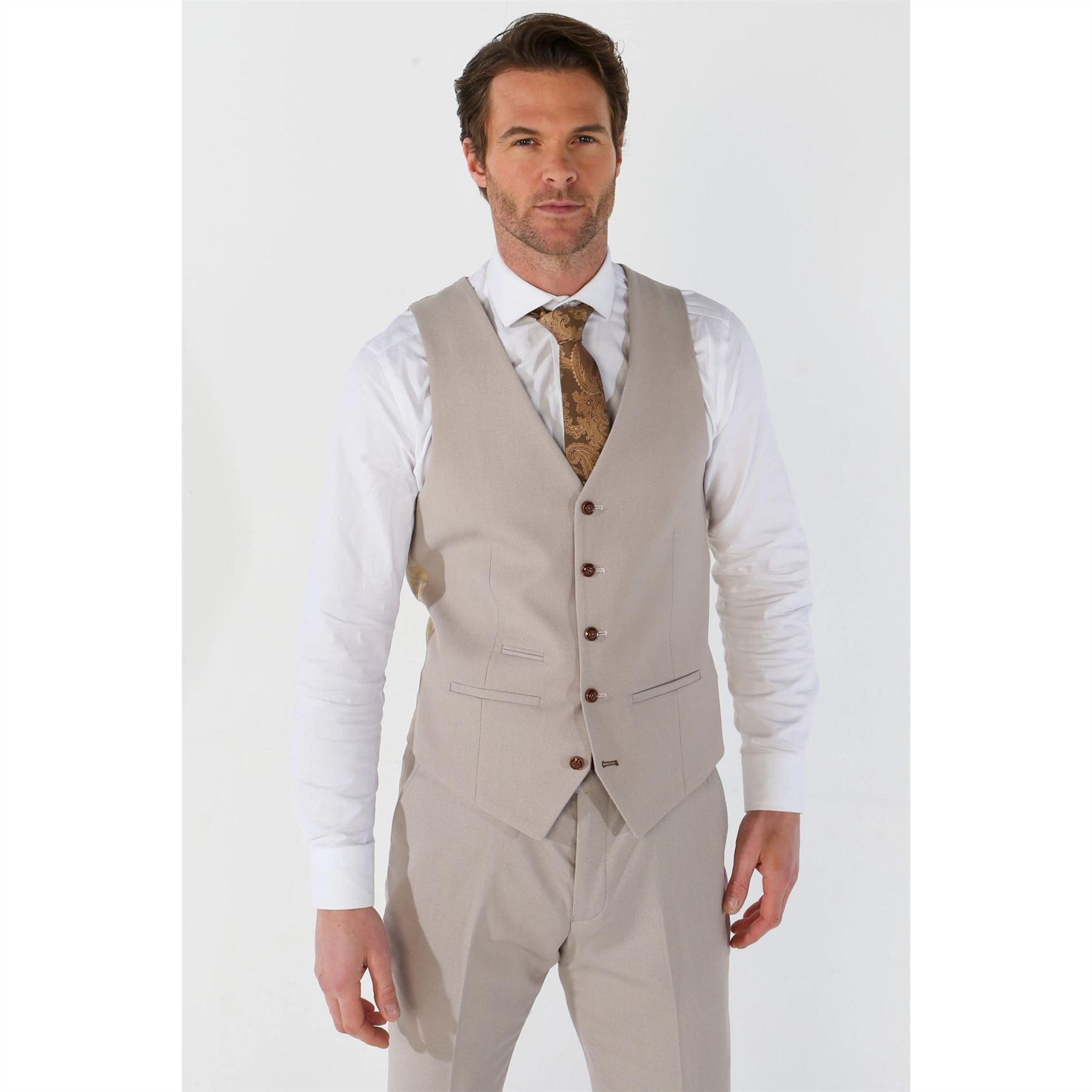 Men's Waistcoat Beige Birdseye Tailored Fit Summer Wedding Vest - Knighthood Store
