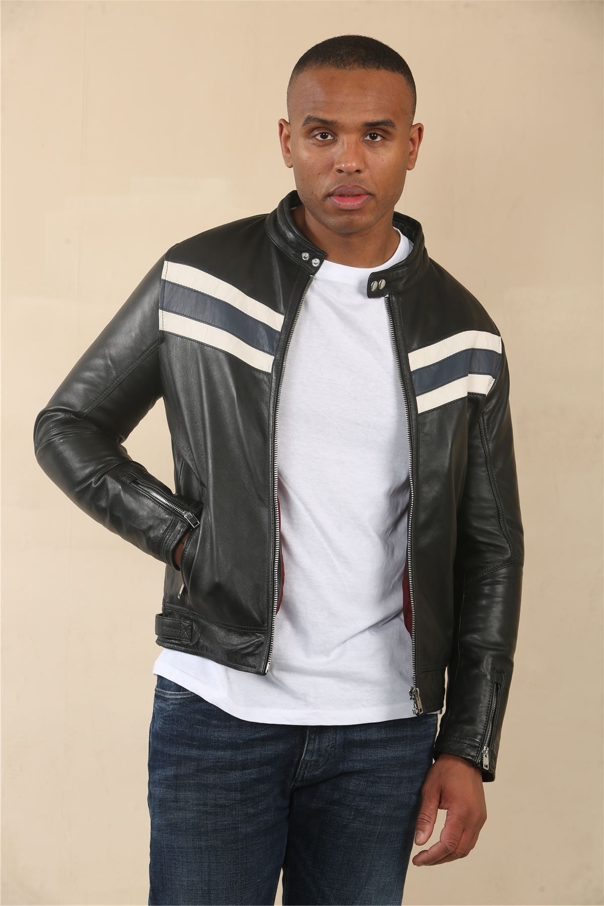 Men's Black Racer Striped Biker Leather Jacket