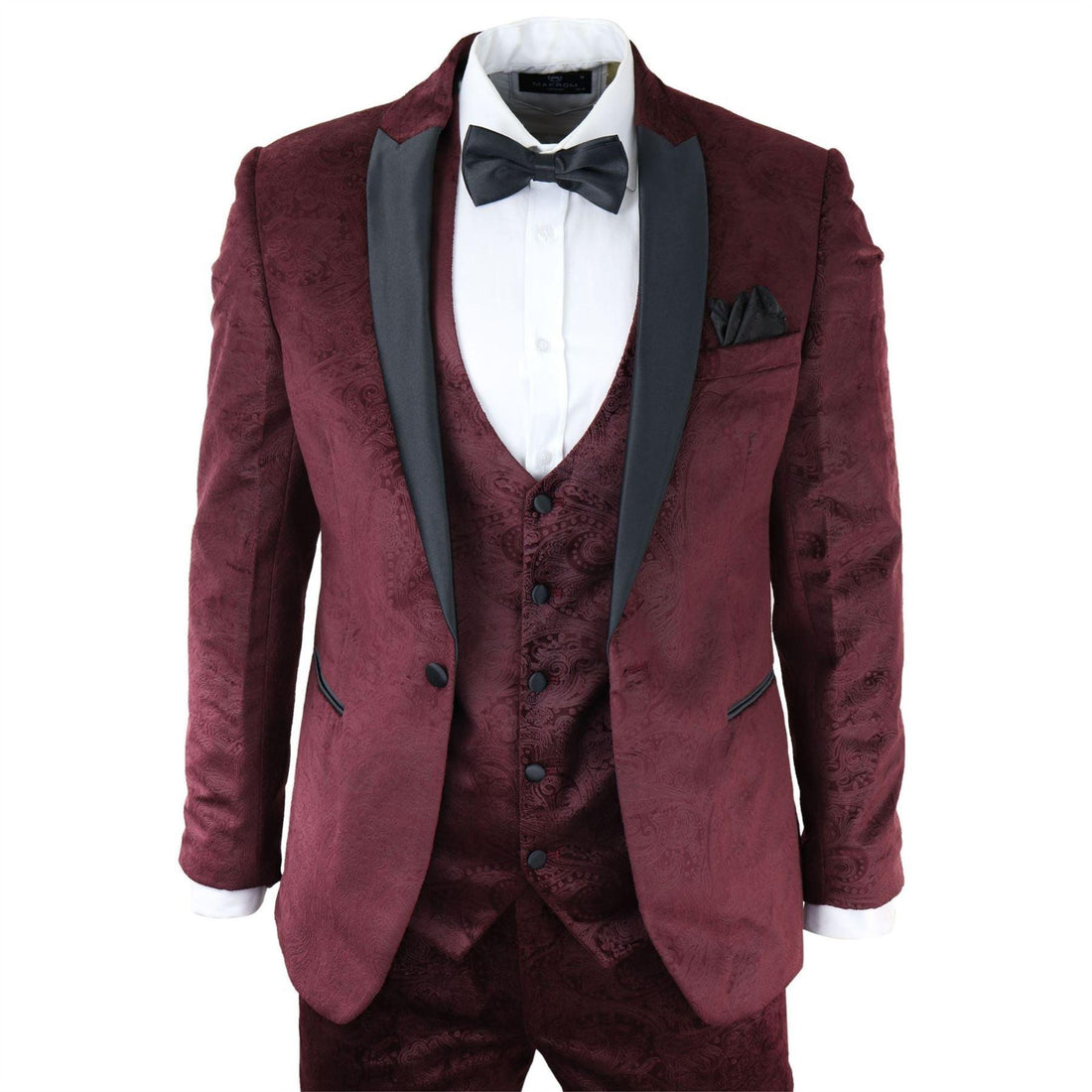 Mens Marc Darcy Velvet Paisley Burgundy Fit 3 Piece Suit Tuxedo Dinner Jacket Wedding - Knighthood Store