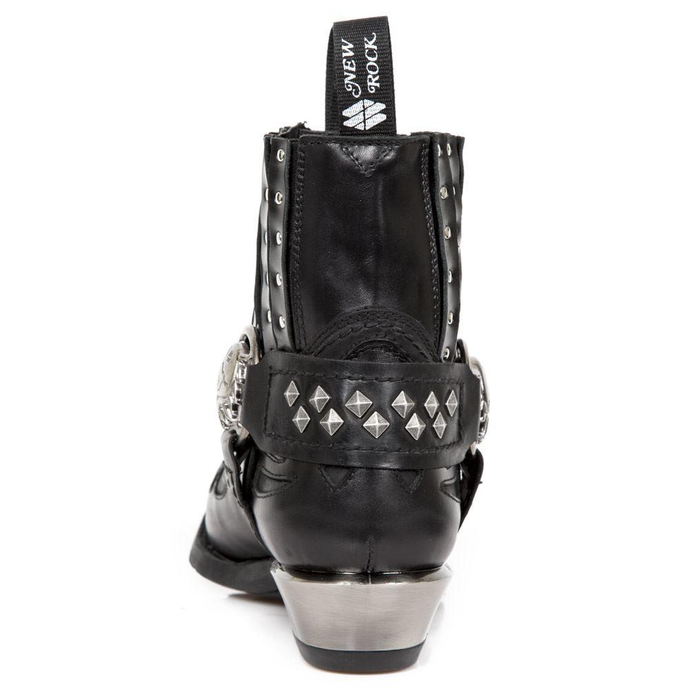 New Rock M.7950-S1 Black Ankle Boots Western Goth Strap Skull Stud Metal - Knighthood Store