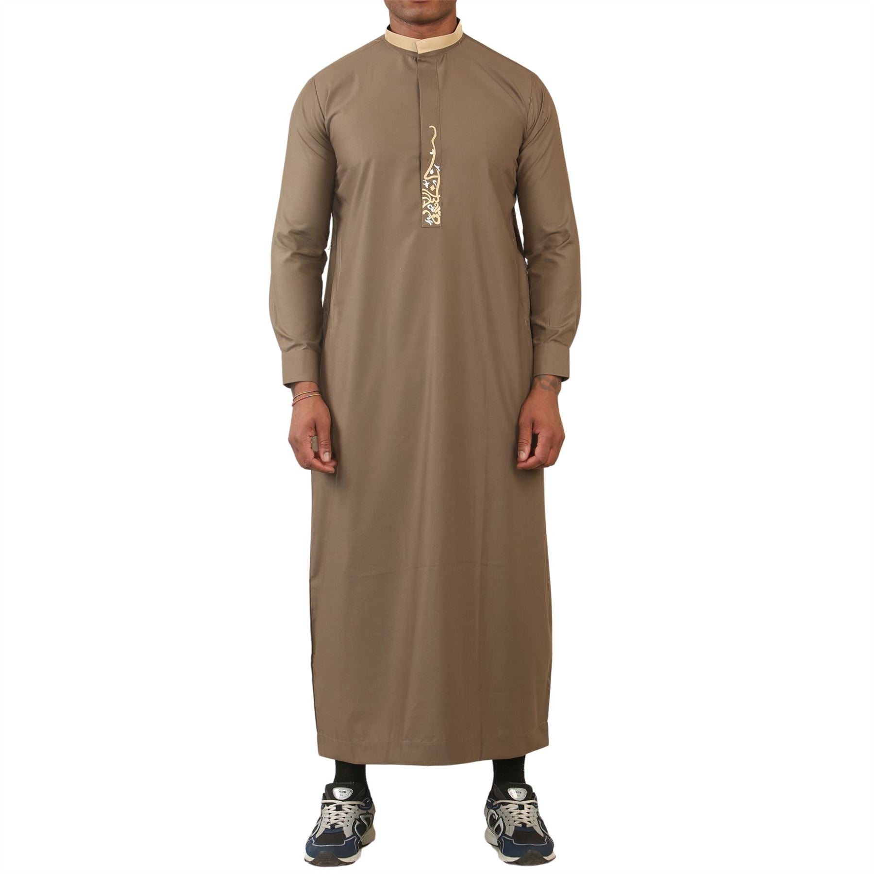 Men's Thobe Jubba Nehru Round Collar Islamic Clothing Muslim Kaftan Embroidery Eid Robe Saudi