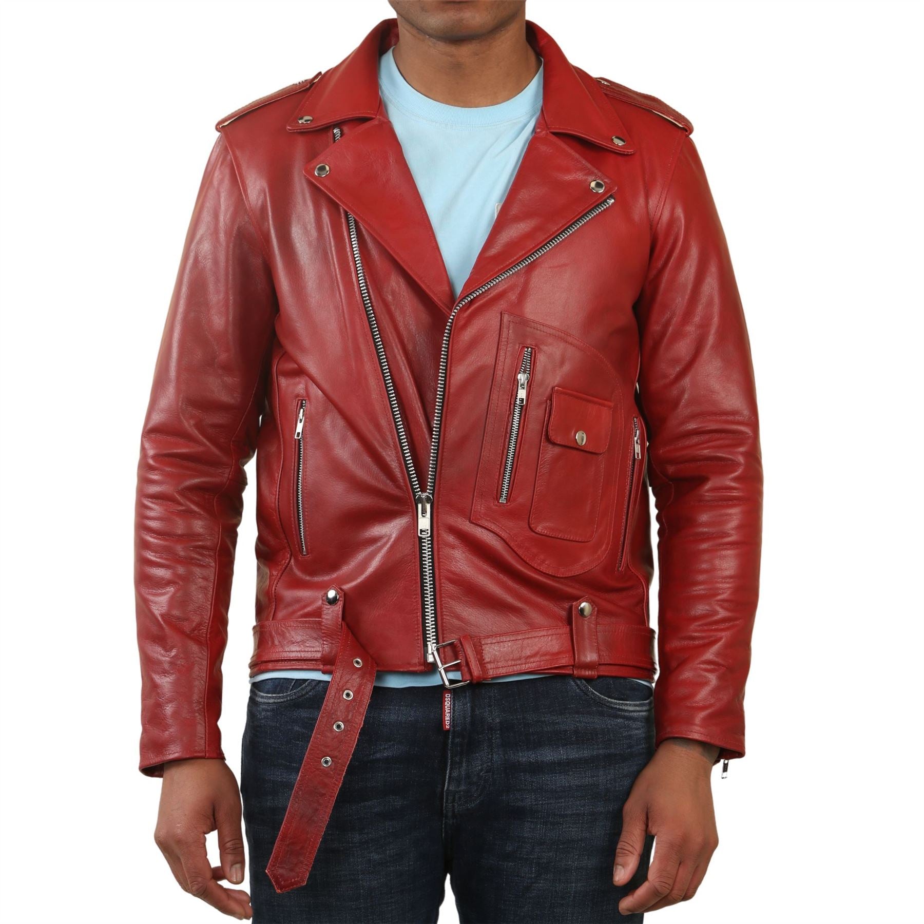 Men's Cow Hide Biker Brando Cross Zip Leather Jacket