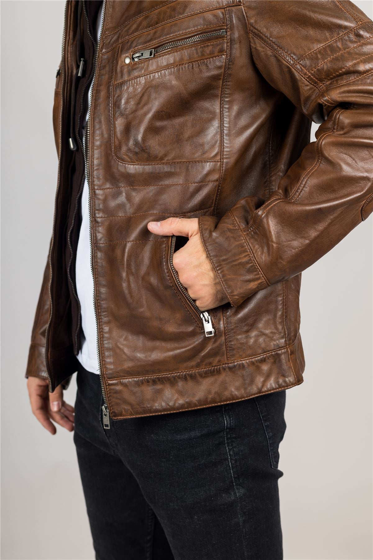 Men's Brown Hooded Genuine Leather Motorcycle Biker Jacket