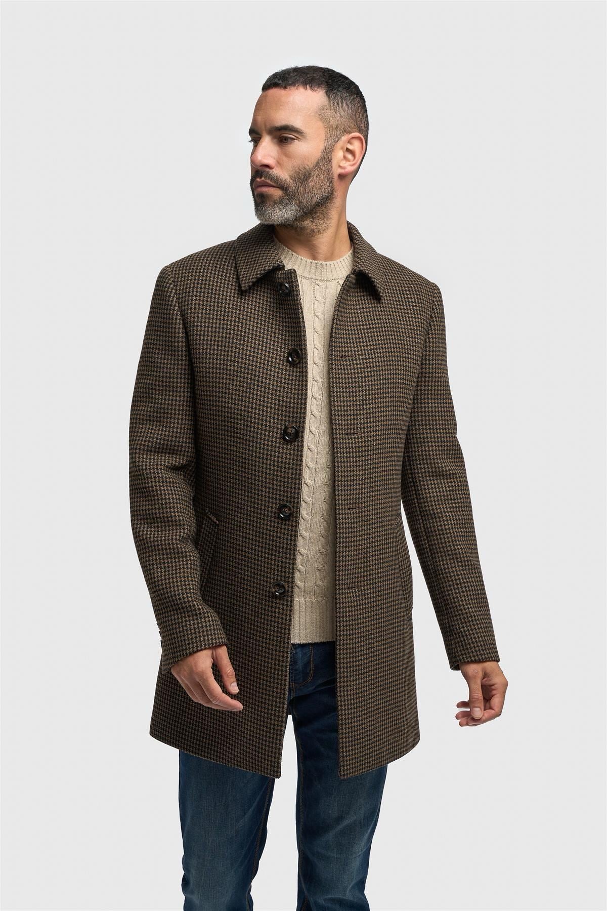 Pearson - Men's Brown Wool Blend Houndstooth Tweed Overcoat
