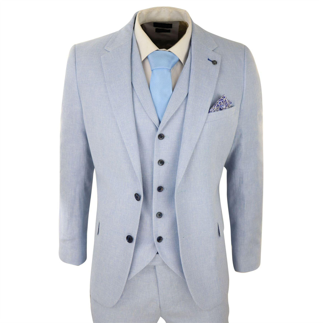 Mens 3 Piece Linen Suit Summer Breathable Wedding Cotton Baby Blue Light - Knighthood Store