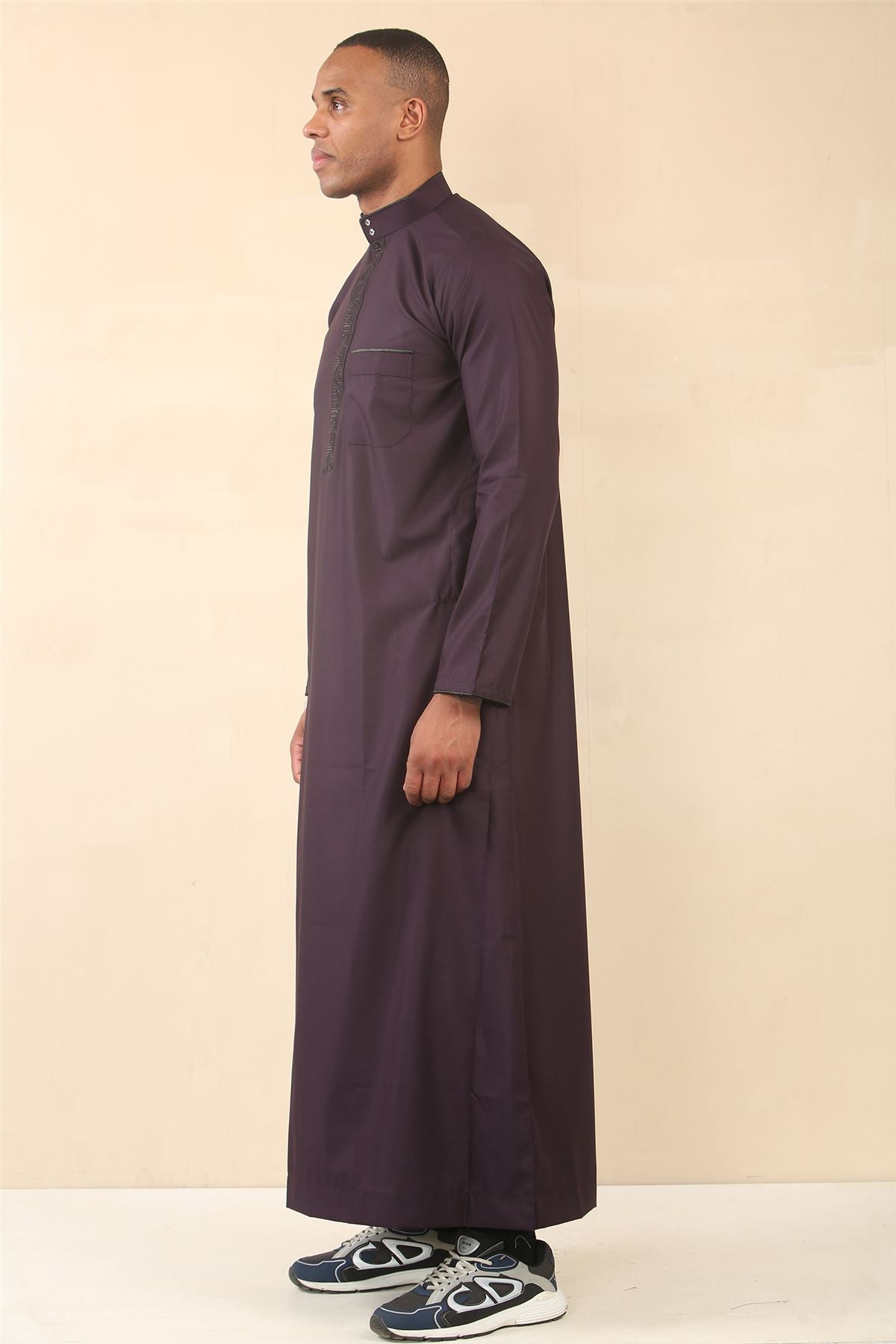 Mens Thobe Jubba Nehru Stand Collar Islamic Clothing Muslim Kaftan Embroidery Eid Robe Saudi | Purple
