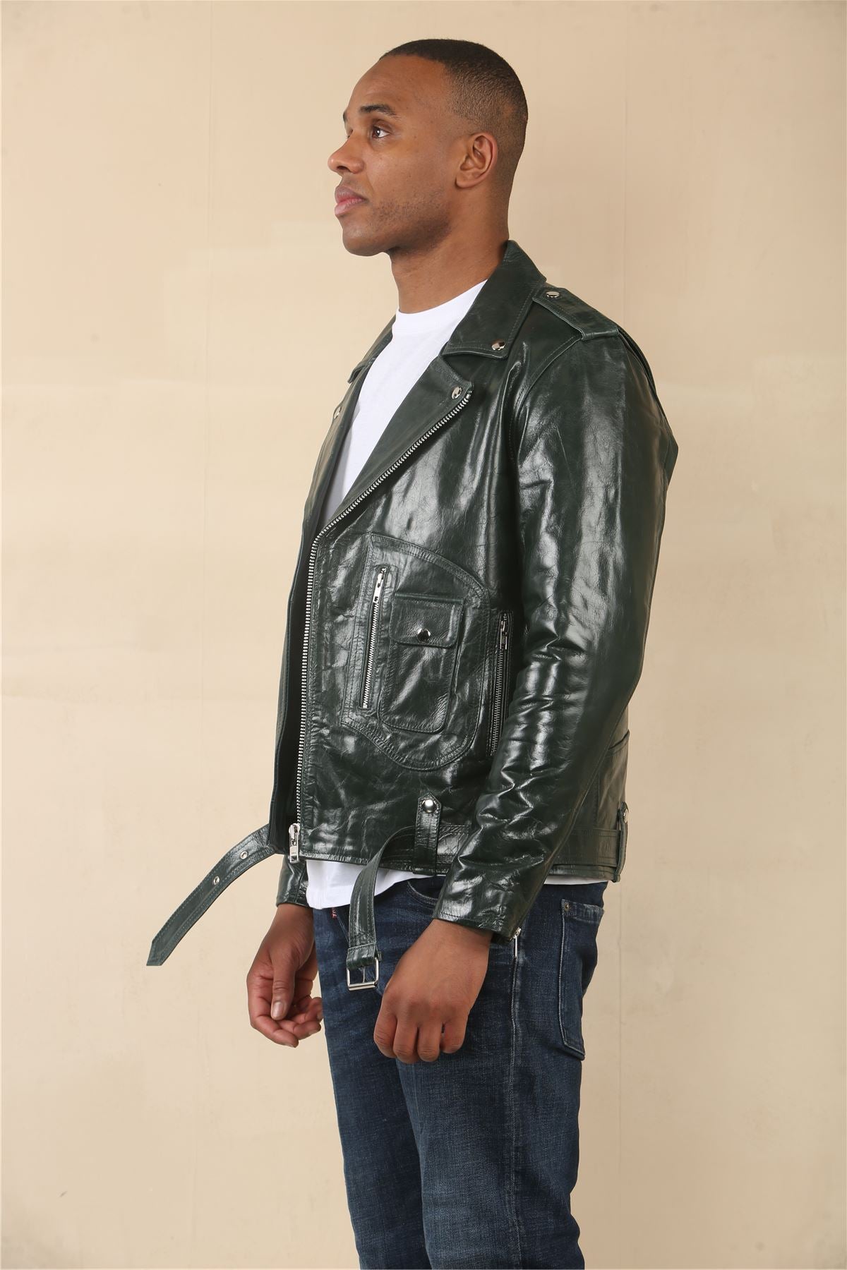 Men's Cow Hide Biker Brando Cross Zip Leather Jacket