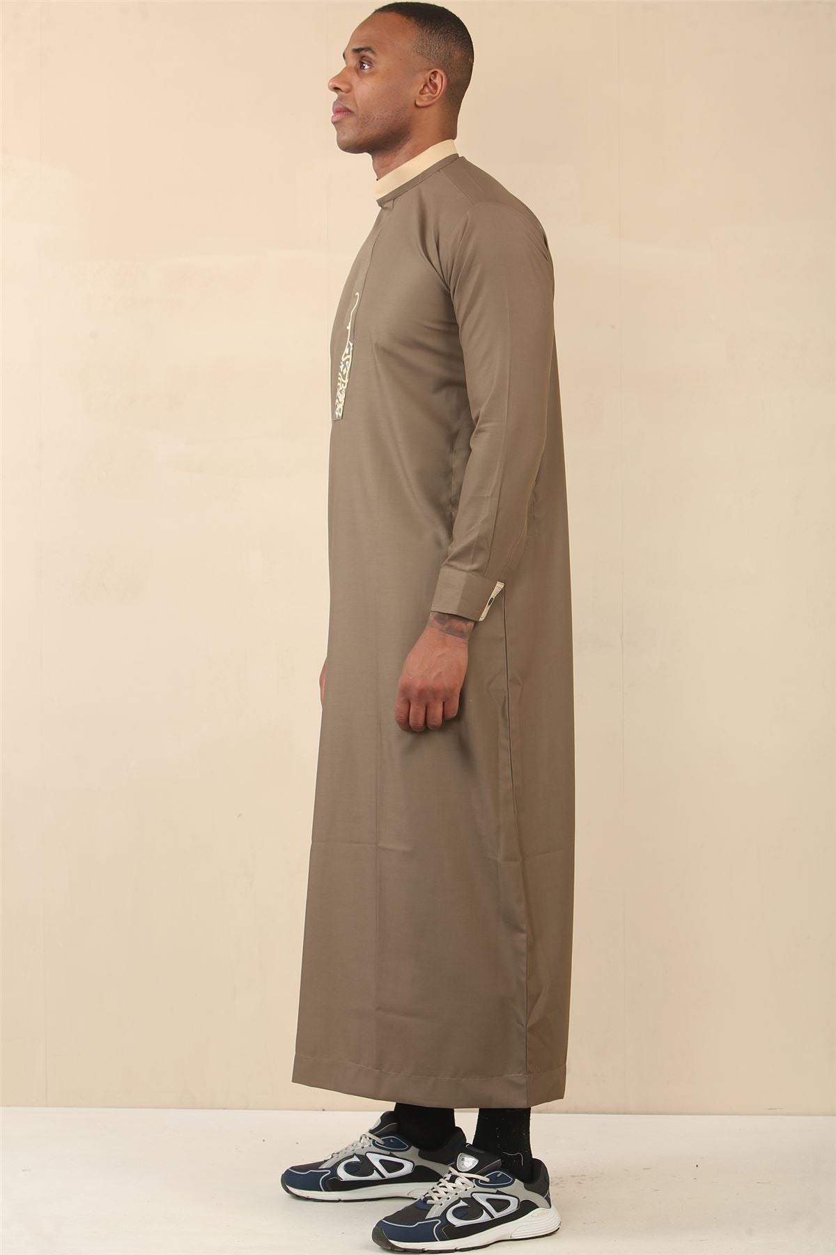 Men's Thobe Jubba Nehru Round Collar Islamic Clothing Muslim Kaftan Embroidery Eid Robe Saudi