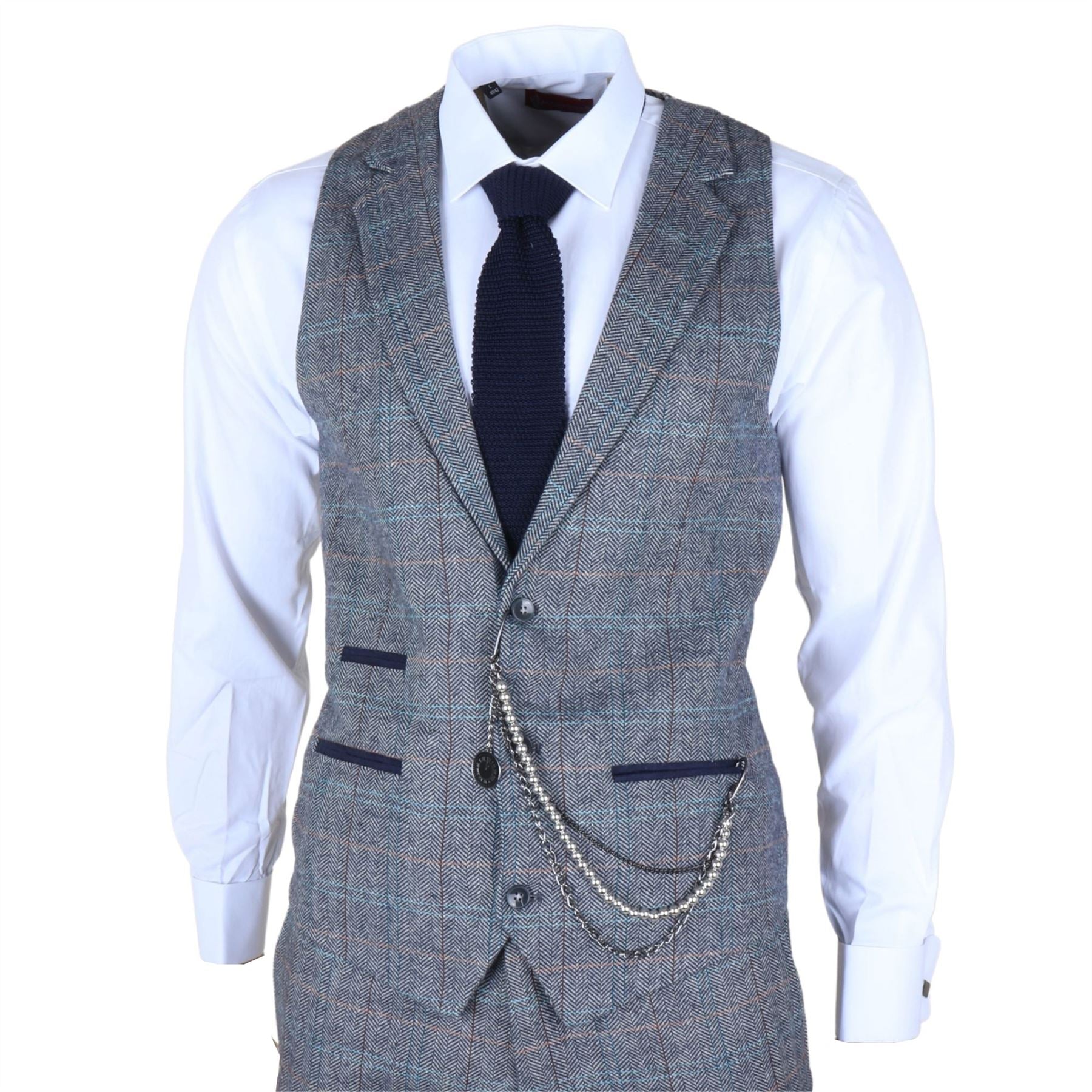 STZ74 - Men's 3 Piece Suit Wool Tweed Light Blue Grey Check