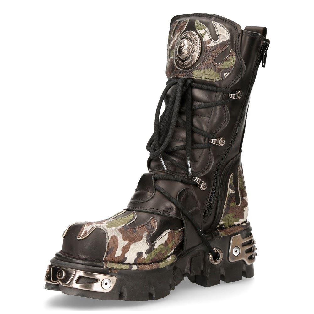 New Rock New Rock 591 S15 Camouflage Flame Metallic Black Leather Biker Goth Boot - Knighthood Store