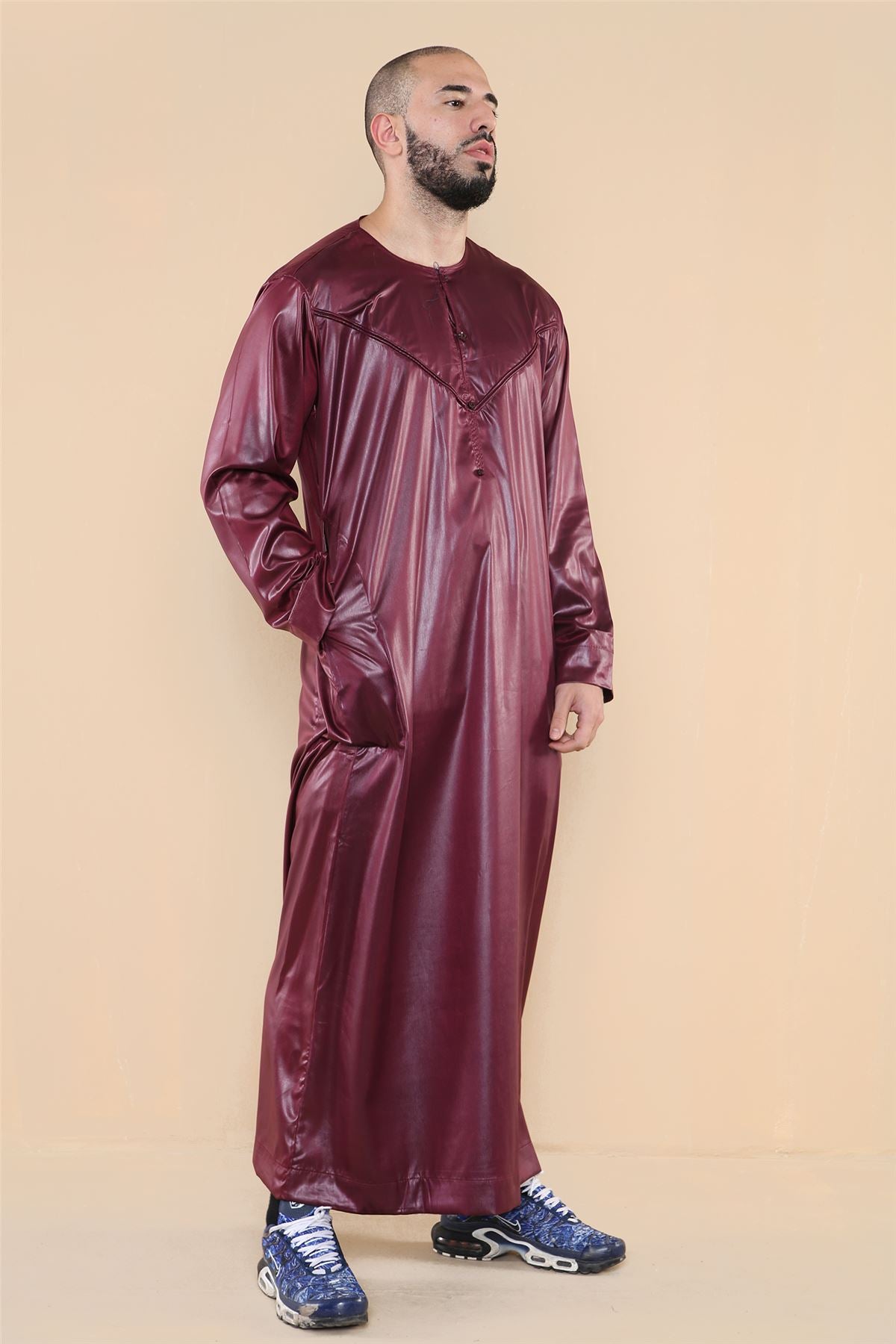 Mens Thobe Jubba Islamic Clothing Muslim Kaftan Emirati Omani Robe Satin Shiny