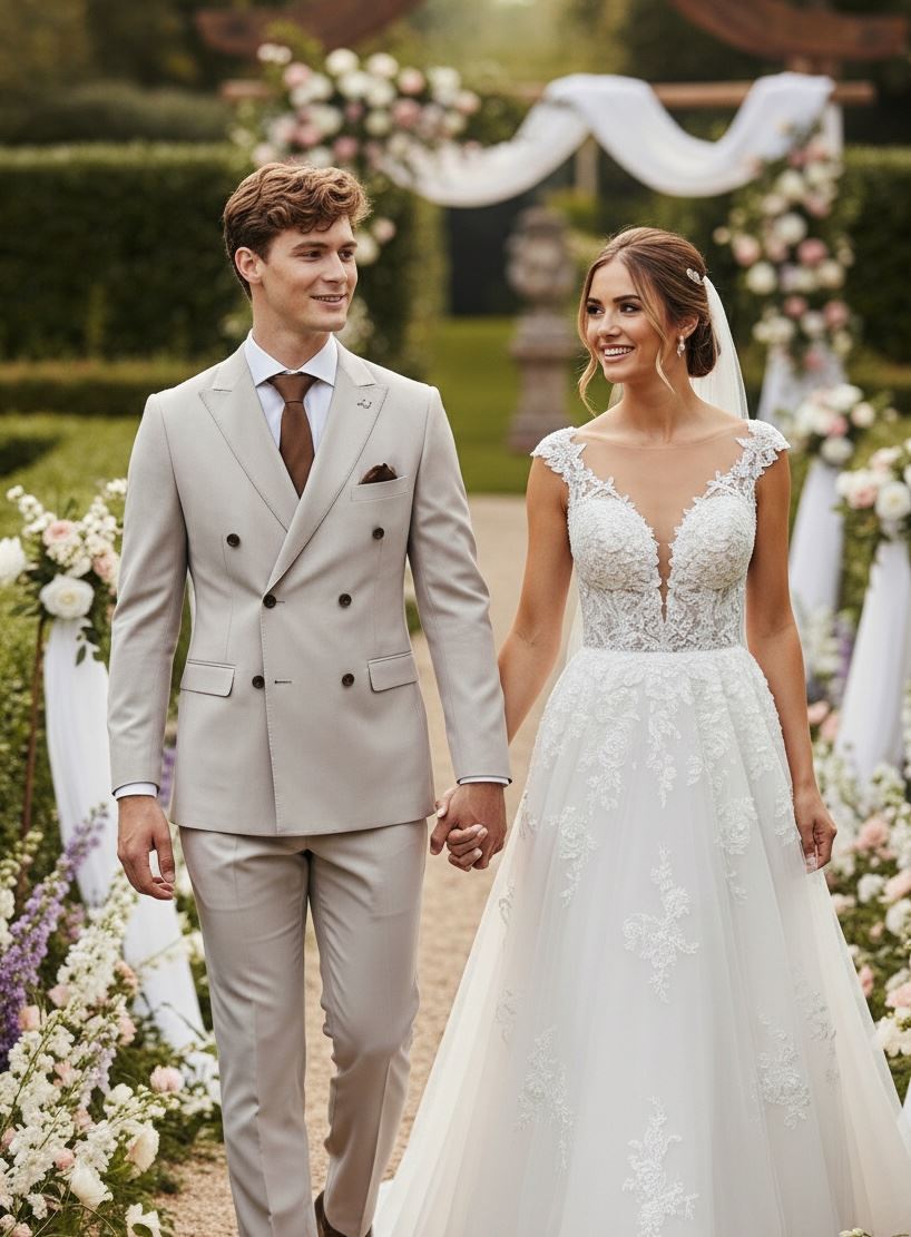 Mayfair - Men's Stone Birdseye Double Breasted Blazer