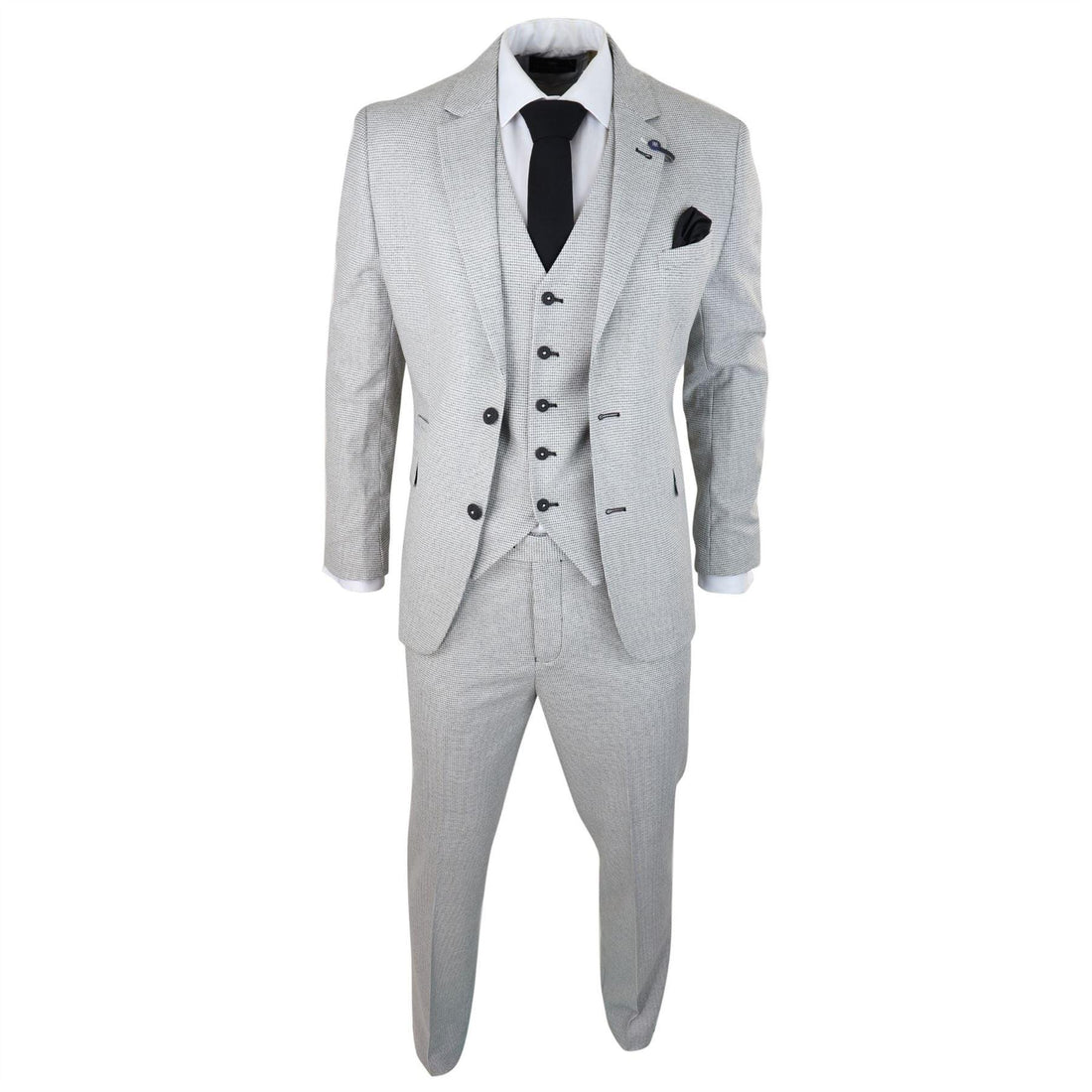 Mens 3 Piece Light Grey Black Check Suit Tailored Fit Retro Vintage Classic Smart - Knighthood Store