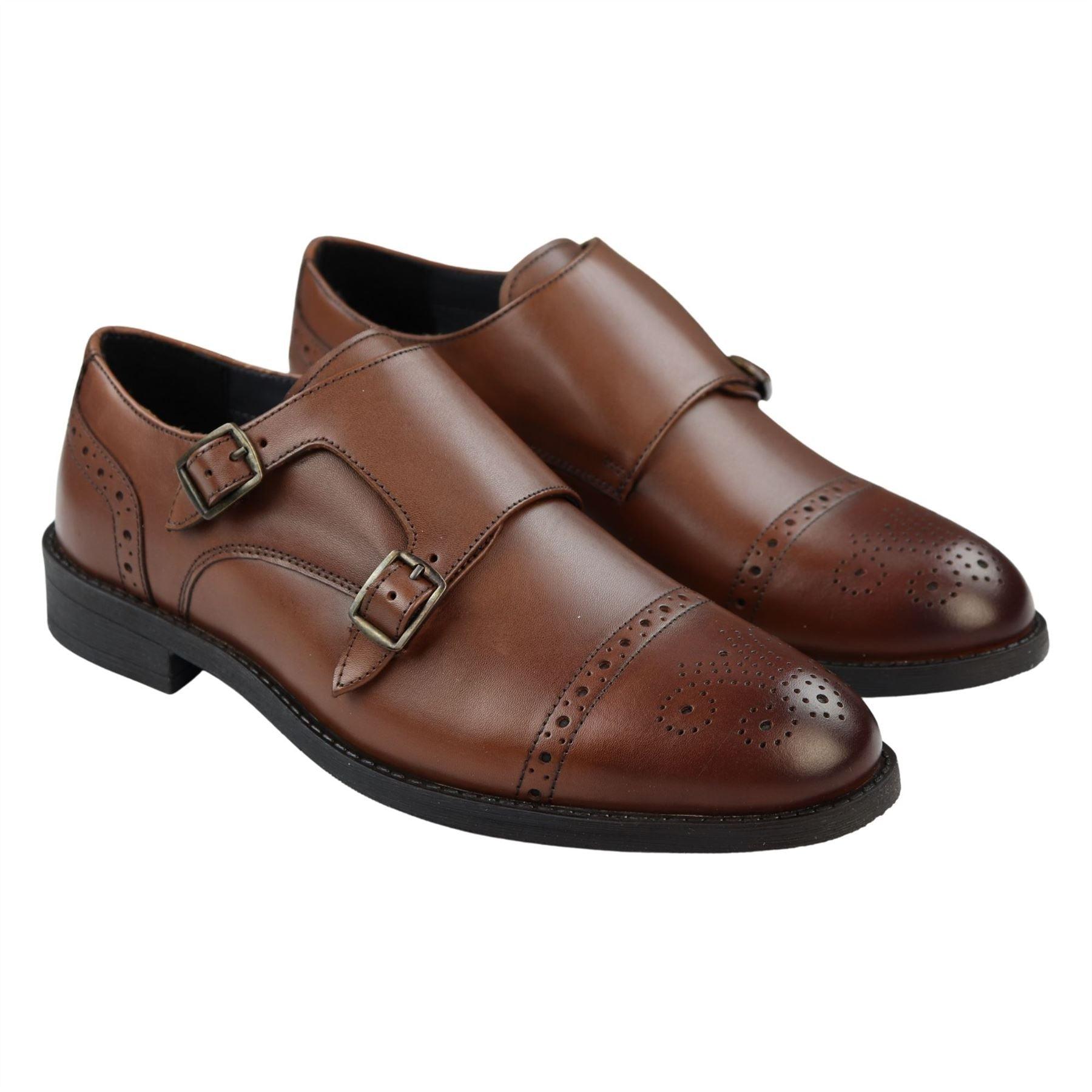 Mens Monk Shoes Black Tan Brown Classic Buckle Genuine Leather Smart Formal - Knighthood Store