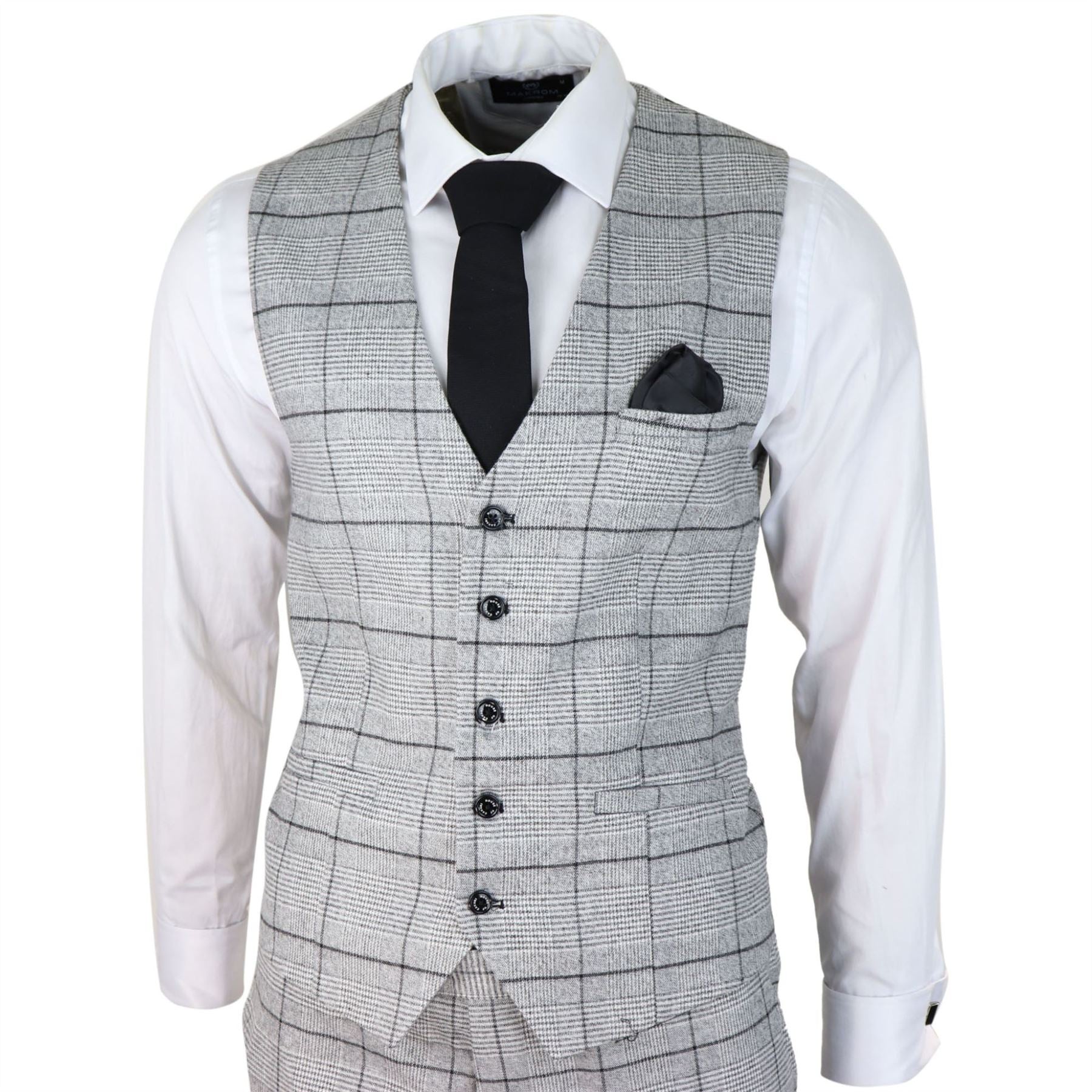 Mens Grey Check Black Tweed 3 Piece Suit Vintage Classic 1920s Wedding