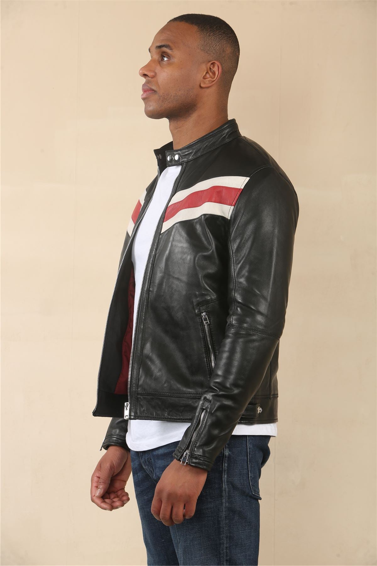 Men's Black Racer Striped Biker Leather Jacket