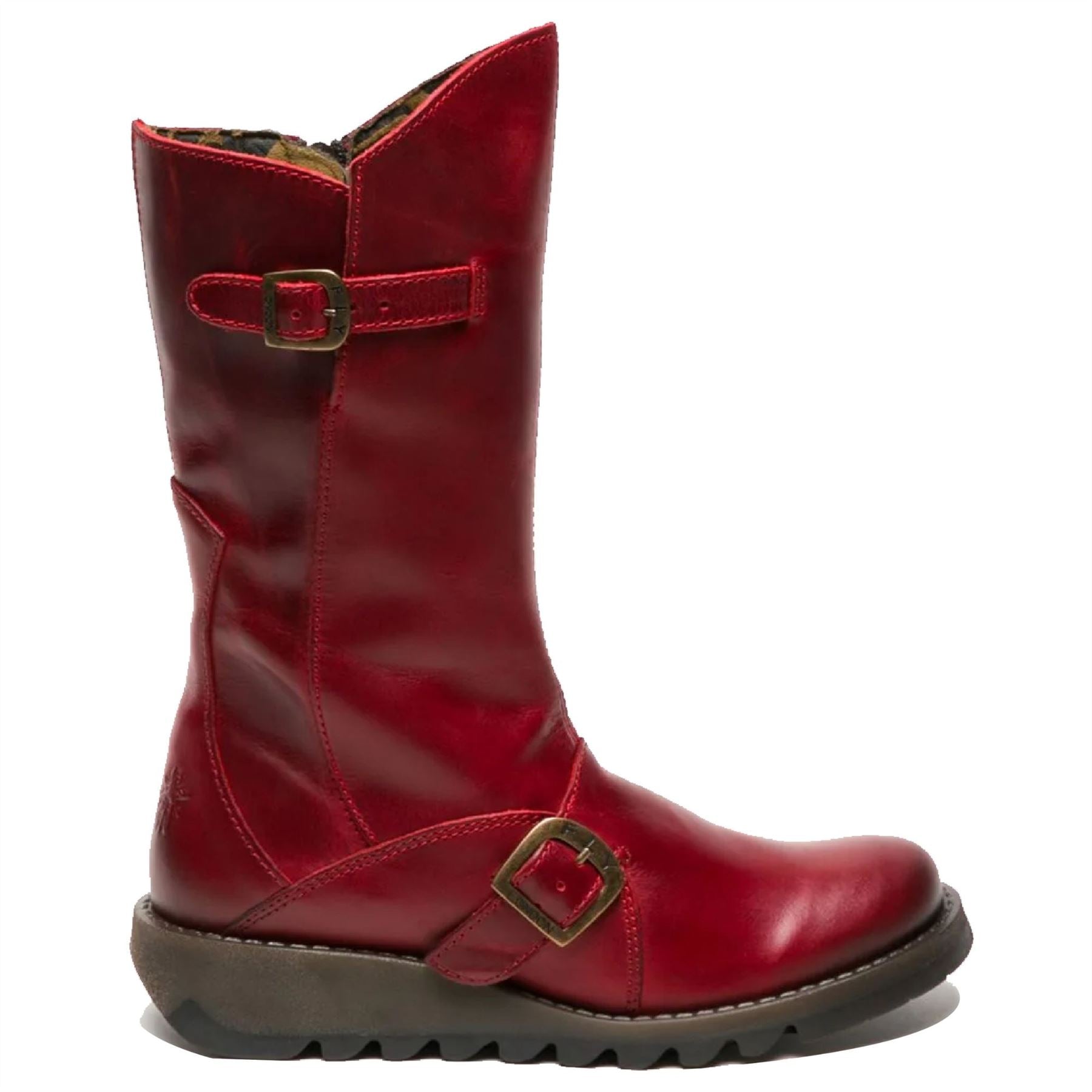 MES2913 - Women's Wedge Heel Buckle Mid Calf Leather Boots