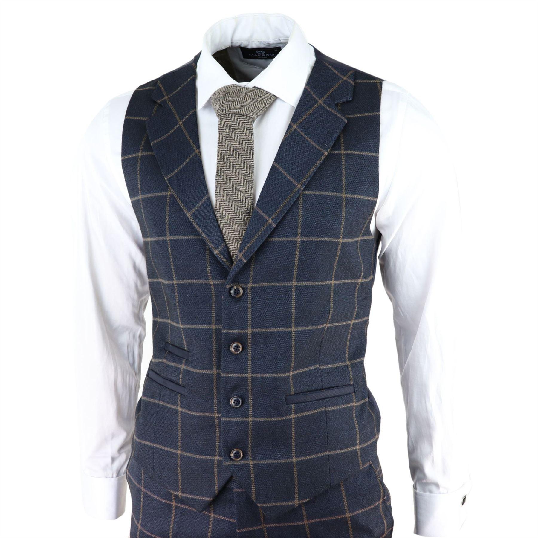 Mens Herringbone Tweed Navy Blue Check 3 Piece Wool Suit Tan - Knighthood Store