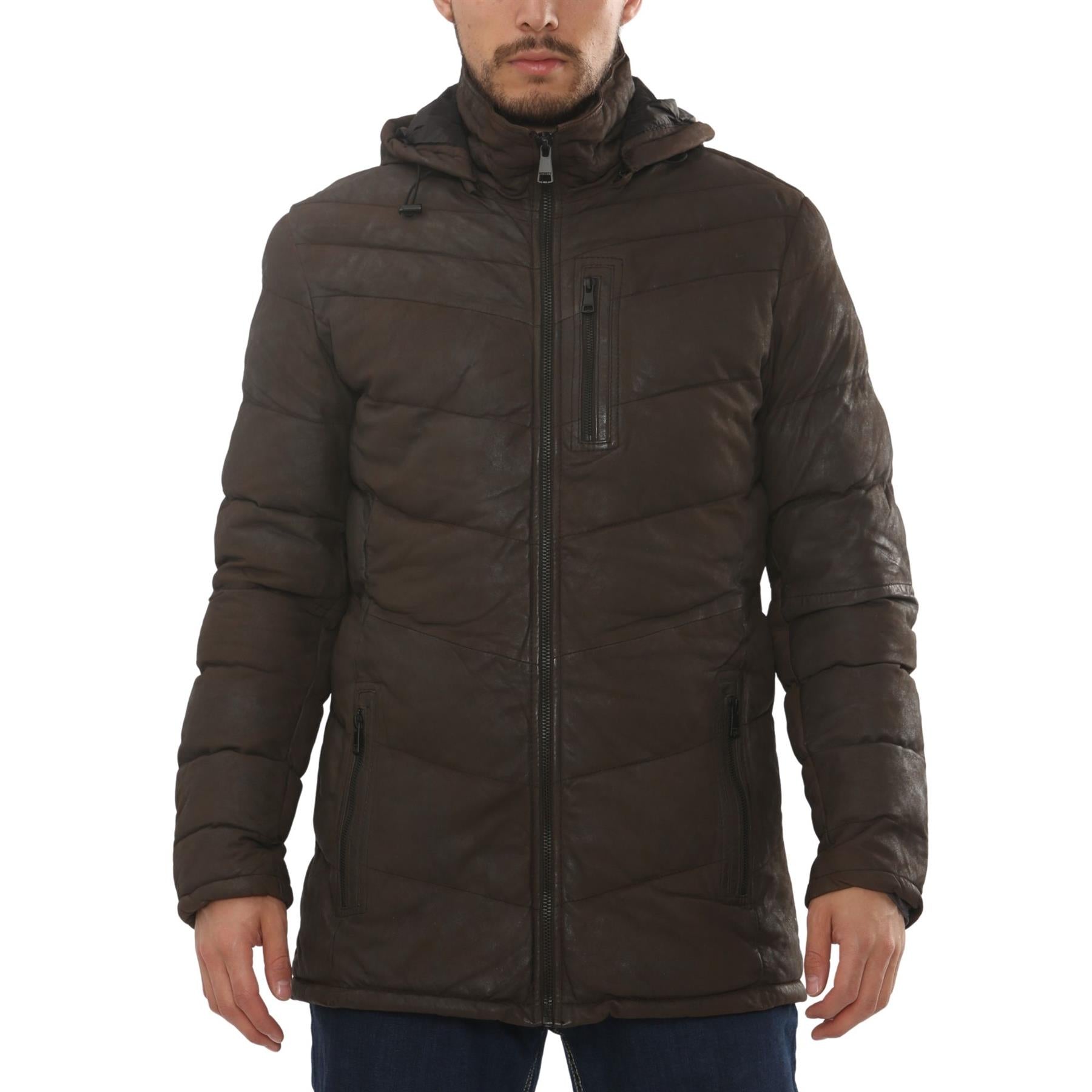 Men's Leather Puffer Jacket Hooded Quilted Winter Coat