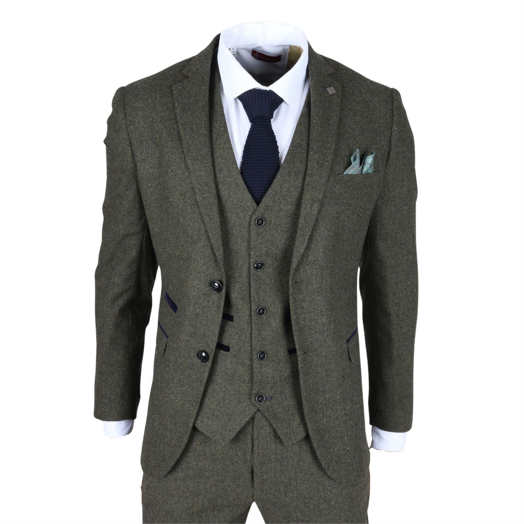 Men's Suit 3 Piece Olive Green Wool Blend Tweed Tailored Fit Formal Dress