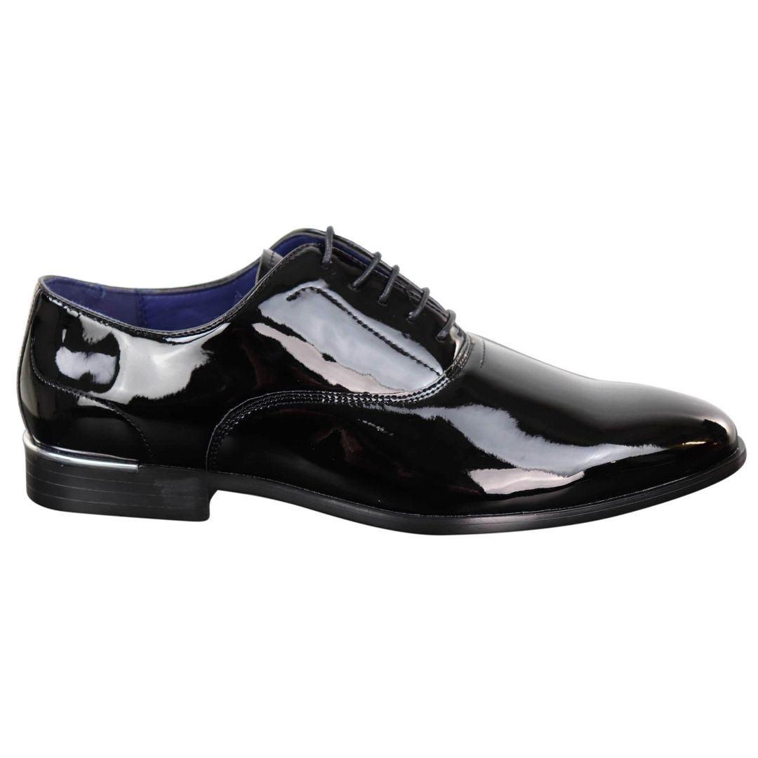 Mens Laced Shoes Shiny Patent Italian Design Silver Metal Classic Smart Formal - Knighthood Store