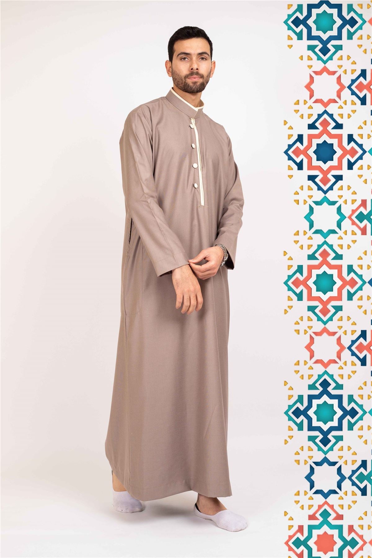 Men's Thobe Jubba Islamic Clothing Muslim Kaftan Emirati Omani Stand Collar