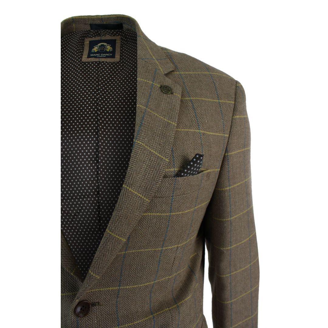 Mens Check Vintage Herringbone Tweed Tan Brown Blazer Jacket Fitted - Knighthood Store