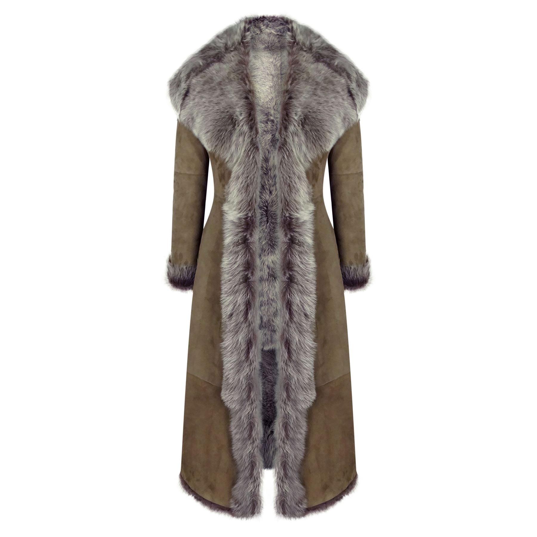 Ladies Suede Toscana Full Length Hooded Taupe Sheepskin Leather Trench Coat - Knighthood Store