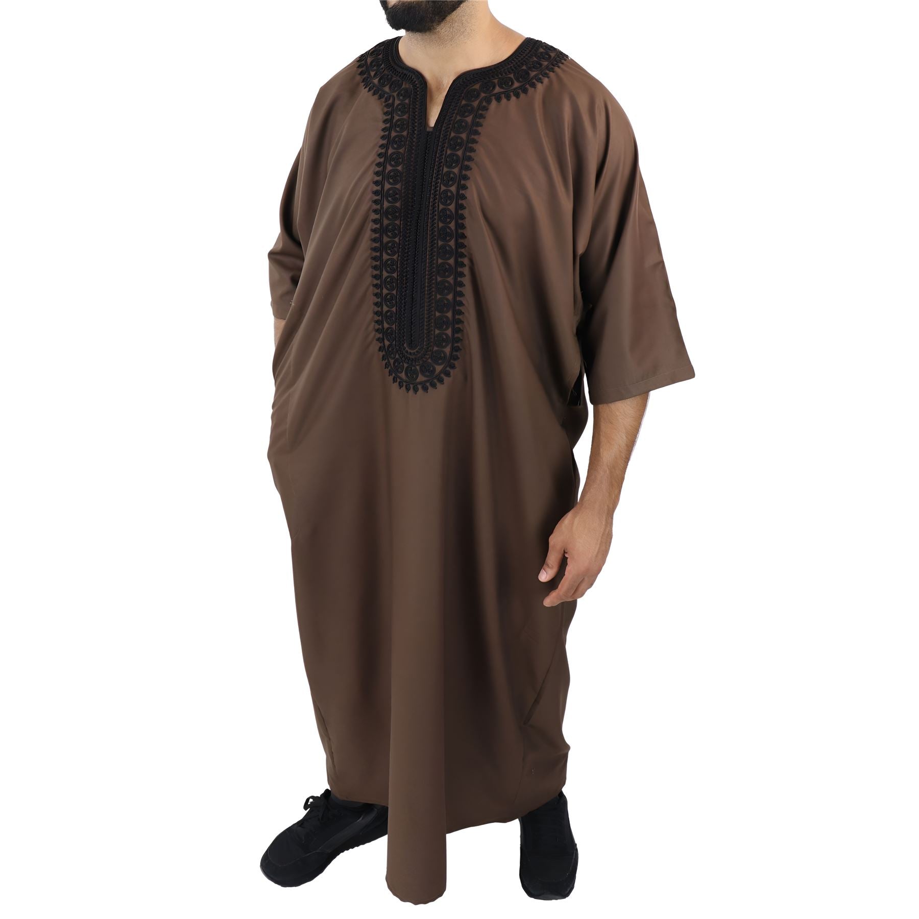 Mens Morrocan Thobe Jubba Islamic Clothing Kaftan Dubai Arabic Robe Half Short Sleeve