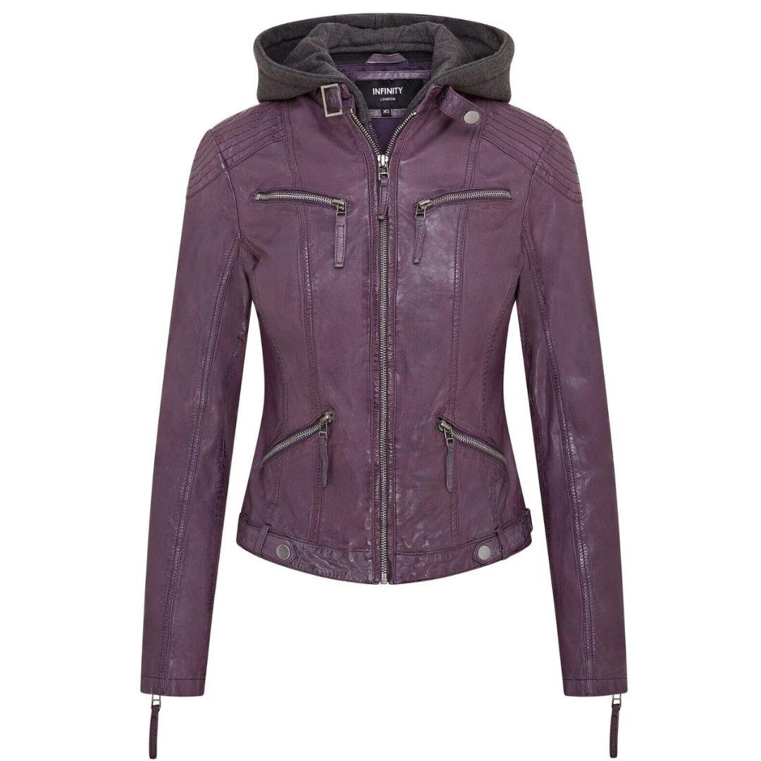 Women's Leather Jacket Hooded Biker Motorcycle Coat