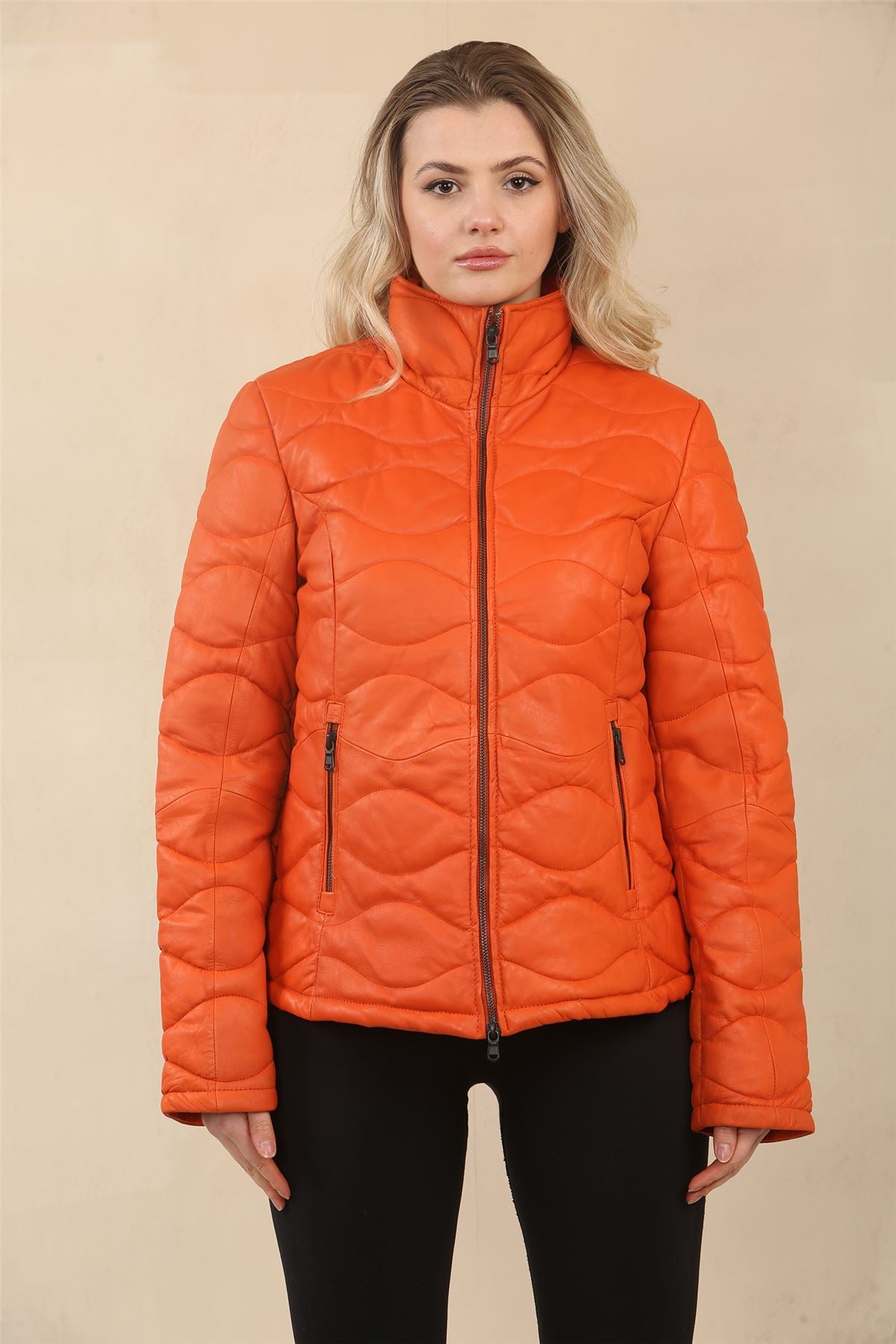 Women's Puffer Quilted Mid Length Leather Jacket