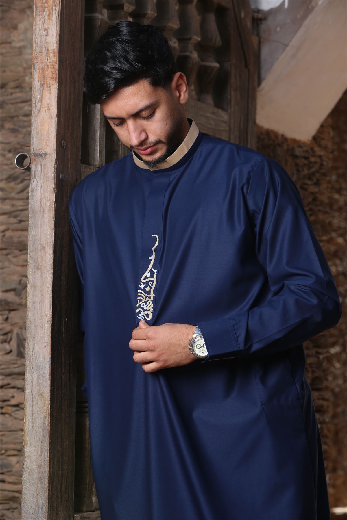 Men's Thobe Jubba Nehru Round Collar Islamic Clothing Muslim Kaftan Embroidery Eid Robe Saudi