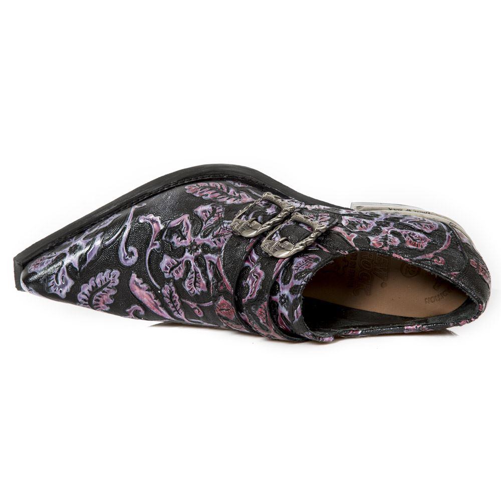 New Rock 7960-s8 Shoe Embossed Vintage Black Leather Buckle Steel Heel Shoes - Knighthood Store