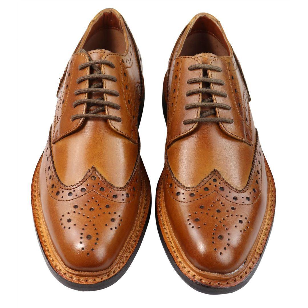 Mens Oxford Brogue Shoes Laced Leather Goodyear Welted Tan Brown Burgundy - Knighthood Store