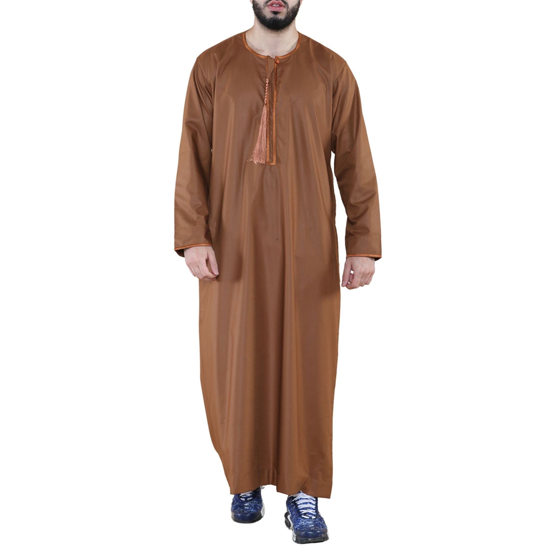 Mens Thobe Jubba Islamic Clothing Muslim Kaftan Emirati Omani Robe Arab Tassel