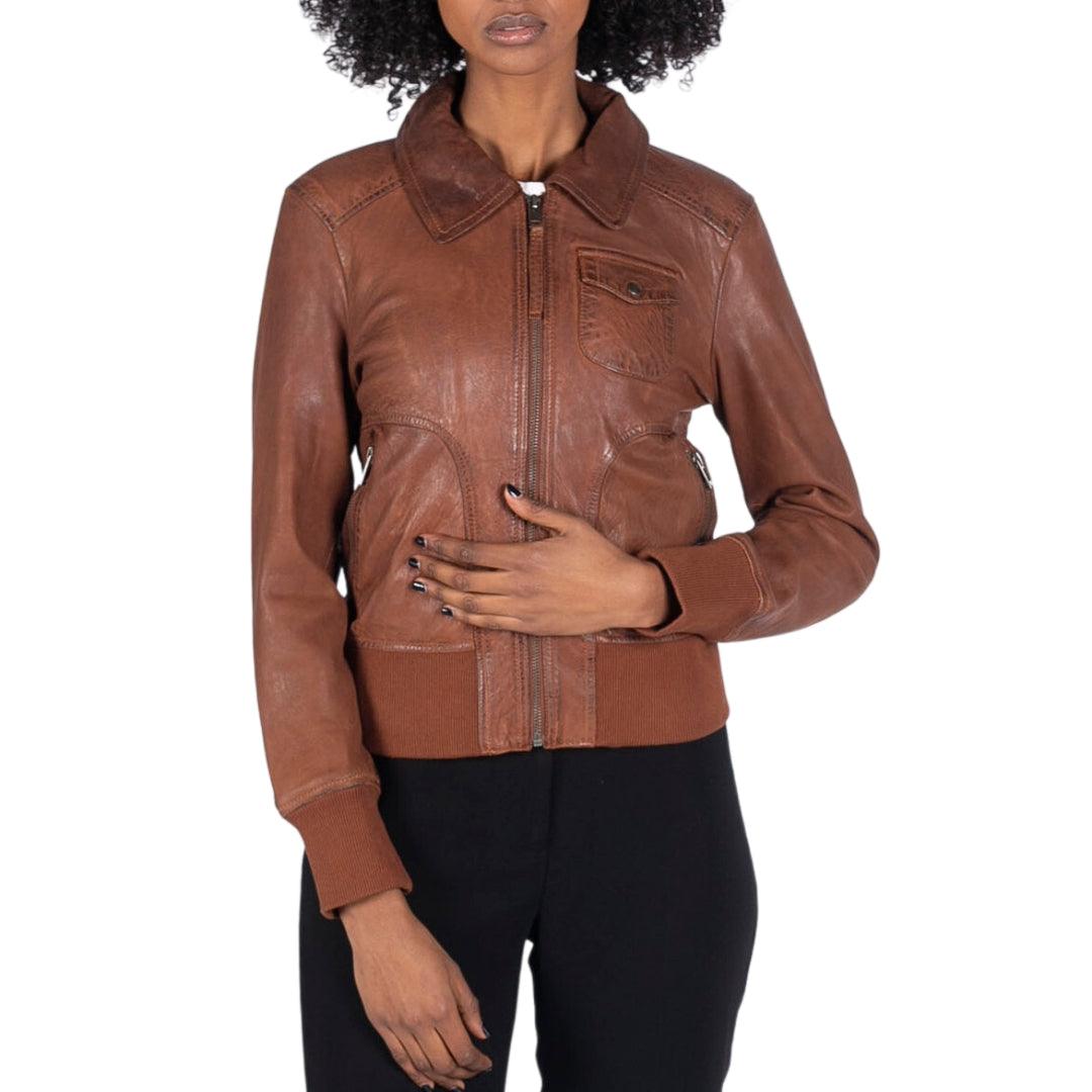 Womens Real Leather Bomber Jacket Short Zipped Retro Brown Tan Black Blue Grey - Knighthood Store